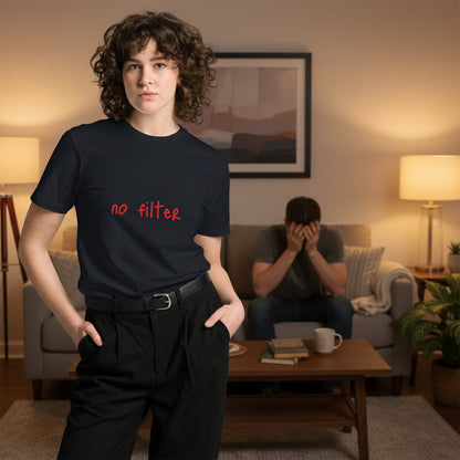 Navy no filter unisex premium T-shirt by wayward.biz, front view showing simple design and comfortable fit.