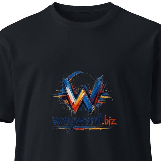 Wayward.biz unisex navy premium T-shirt, front view showing soft fabric and classic fit, perfect for casual wear.