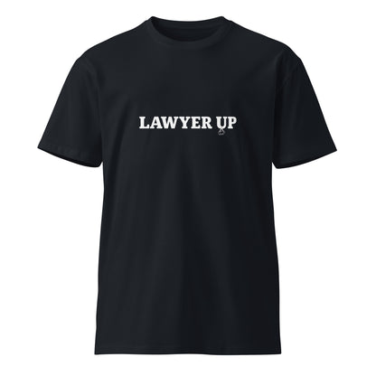 Dark navy unisex premium Lawyer Up T-shirt by wayward.biz featuring a front design, made from soft, high-quality fabric.