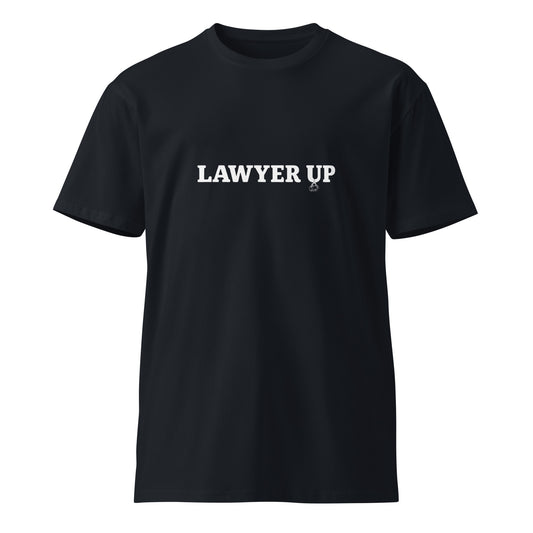Dark navy unisex premium Lawyer Up T-shirt by wayward.biz featuring a front design, made from soft, high-quality fabric.