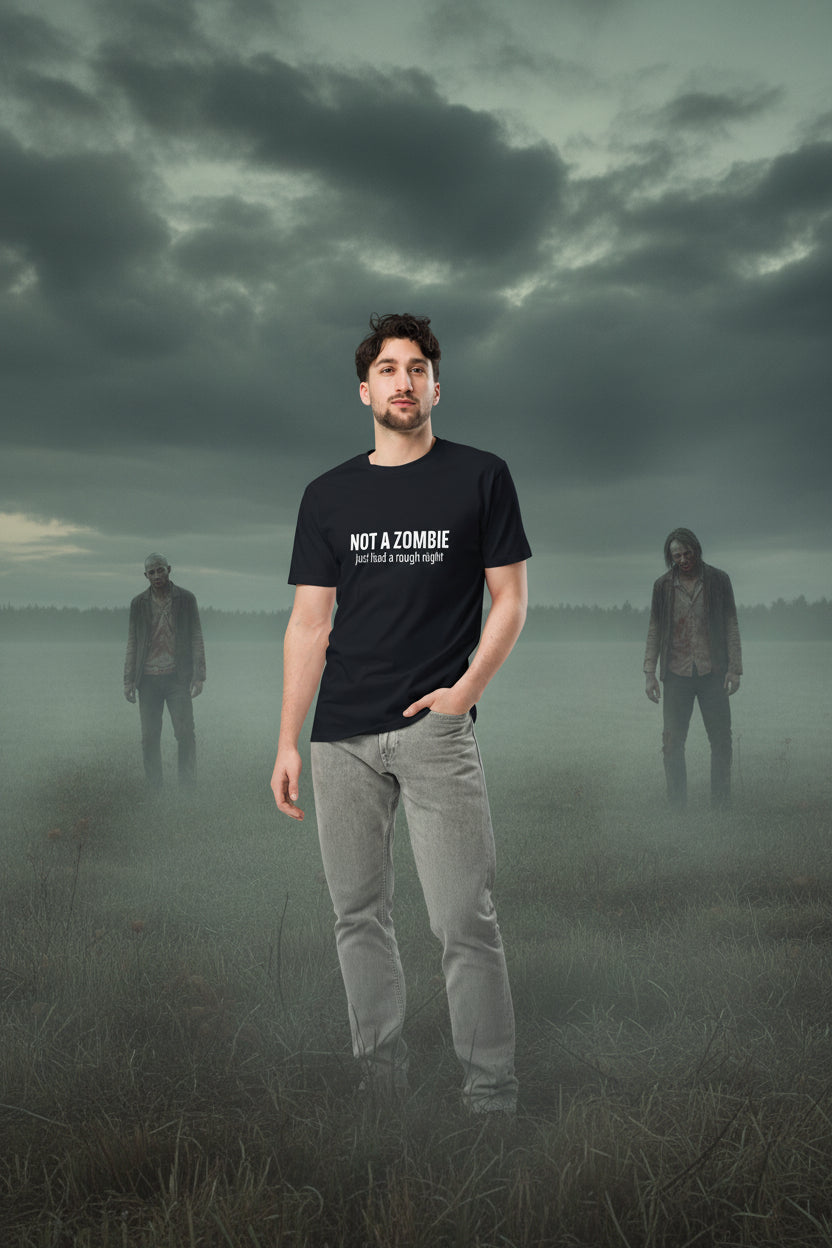 Navy unisex premium T-shirt featuring humorous "Not a Zombie just had a rough night" graphic design, casual fit from wayward.biz