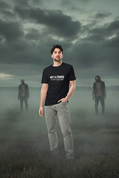 Navy unisex premium T-shirt featuring humorous "Not a Zombie just had a rough night" graphic design, casual fit from wayward.biz