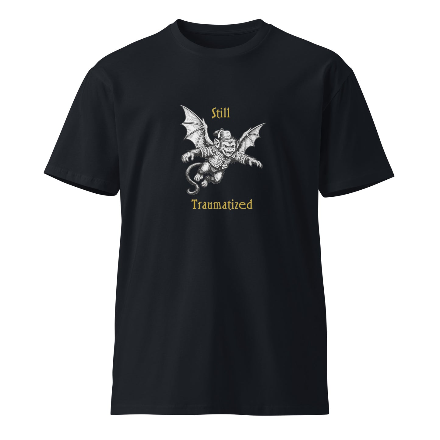 Unisex navy premium T-shirt featuring a Still Traumatized by Flying Monkeys graphic design, casual clothing by wayward.biz.