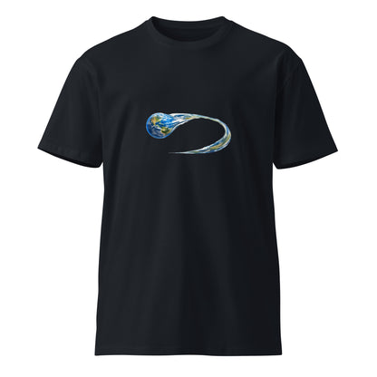 Navy unisex Morphing Earth premium T-shirt from wayward.biz with a front graphic design, casual fit, and soft fabric.
