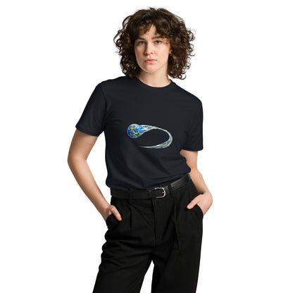 Unisex navy Morphing Earth premium T-shirt by wayward.biz featuring a front graphic of a dynamic Earth design.