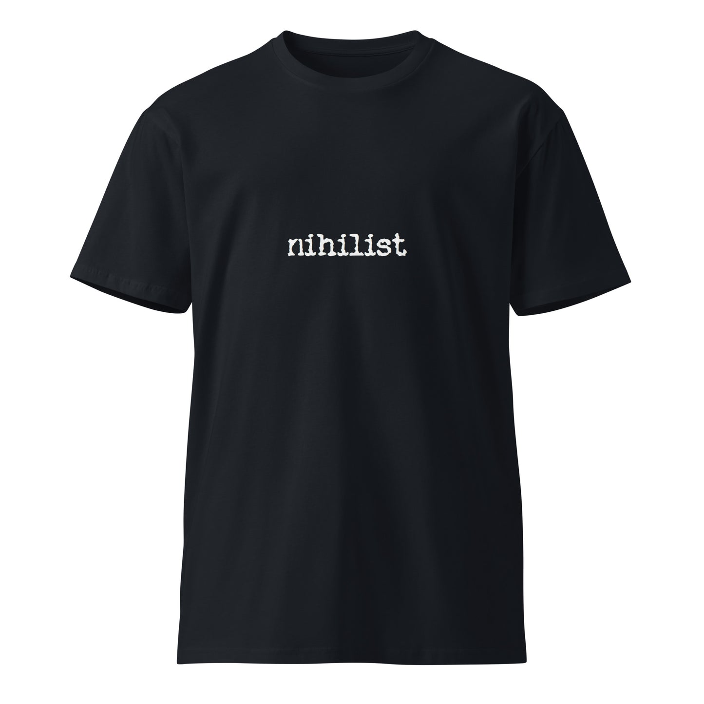 Dark navy unisex Nihilist premium T-shirt by Wayward.biz, front view showing minimalist design and comfortable fit.