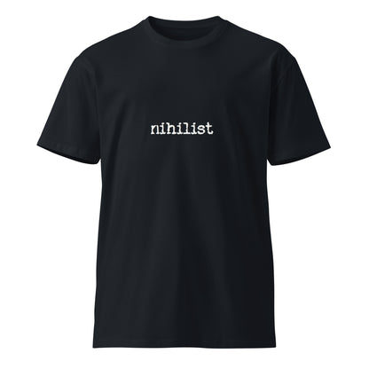 Dark navy unisex Nihilist premium T-shirt by Wayward.biz, front view showing minimalist design and comfortable fit.