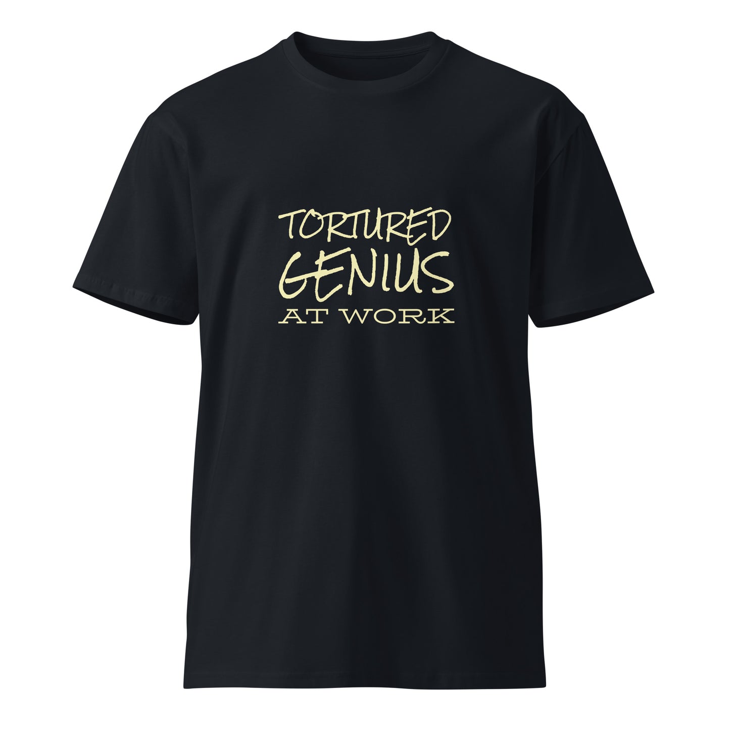 Navy unisex premium T-shirt featuring "Tortured Genius at Work" design, casual style from Wayward.biz.