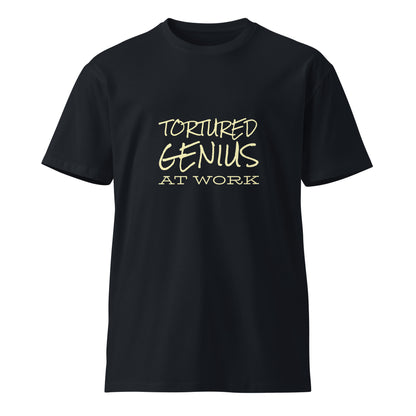 Navy unisex premium T-shirt featuring "Tortured Genius at Work" design, casual style from Wayward.biz.