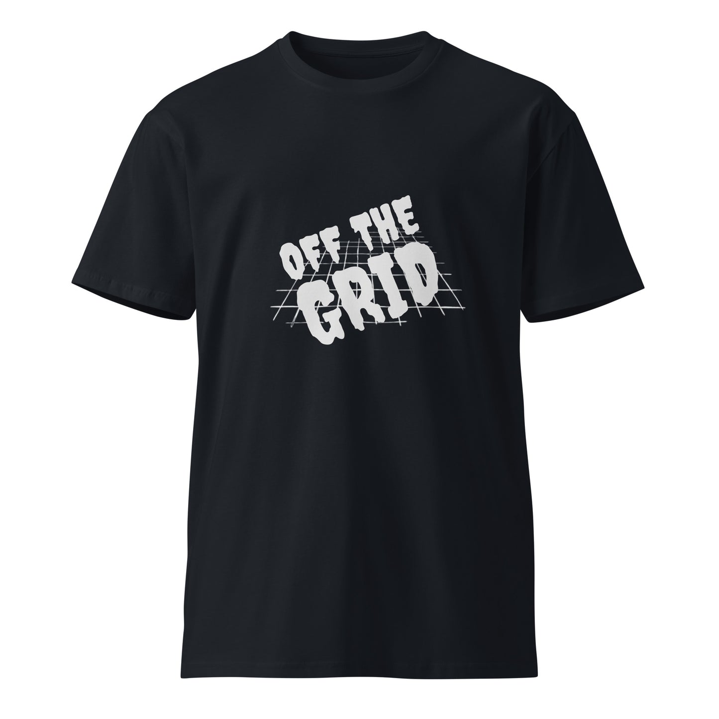 Unisex navy premium T-shirt from Off the Grid by wayward.biz, front view showing clean design and comfortable fit.