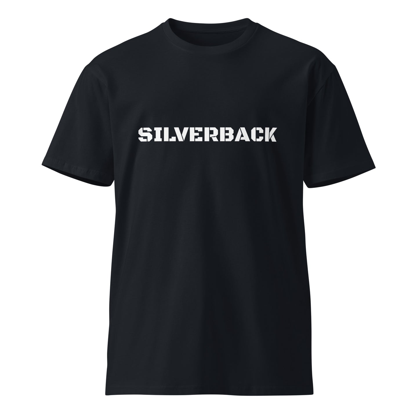 Unisex navy Silverback premium T-shirt with graphic on back, made by wayward.biz, showcasing front view and design details.
