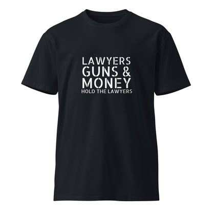 Unisex navy premium T-shirt featuring the Lawyers Guns & Money design, by wayward.biz, front view showing the graphic.