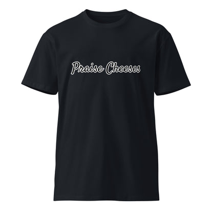 Unisex navy premium T-shirt by Praise Cheeses featuring a front design, made for comfortable casual wear.