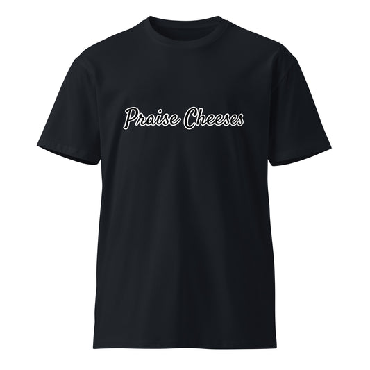 Unisex navy premium T-shirt by Praise Cheeses featuring a front design, made for comfortable casual wear.