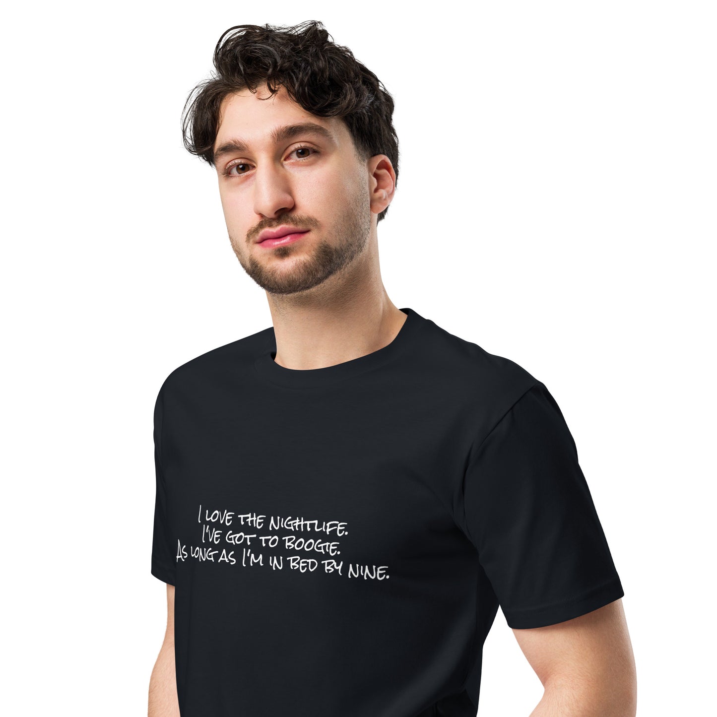Unisex navy premium T-shirt from wayward.biz featuring a stylish "I love the nightlife" print on the front.