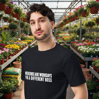 Unisex navy premium T-shirt by wayward.biz with "Weekends are workdays for a different boss" slogan, front view.