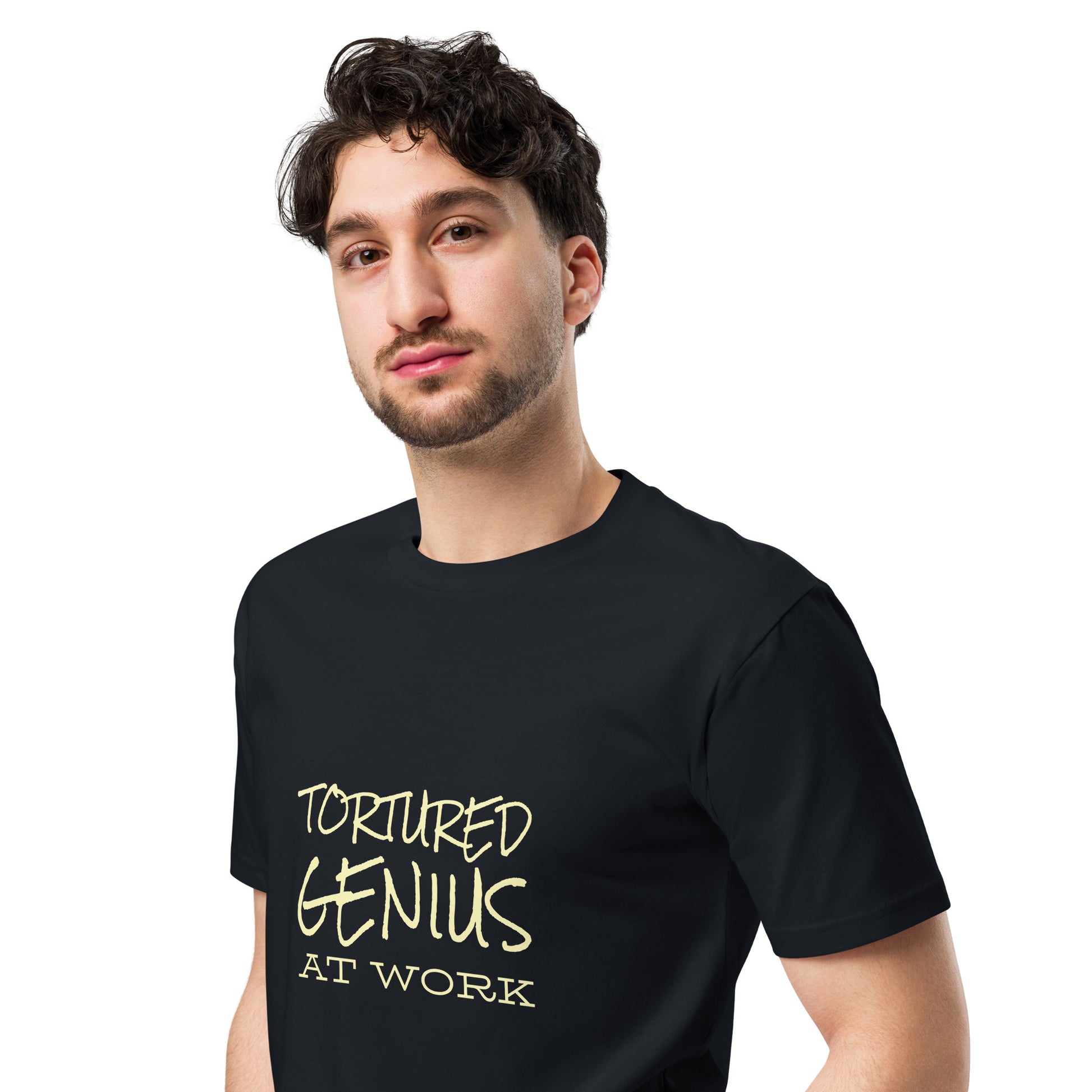 Unisex navy premium T-shirt featuring a "Tortured Genius at Work" graphic design on the front, stylish casual wear by wayward.biz