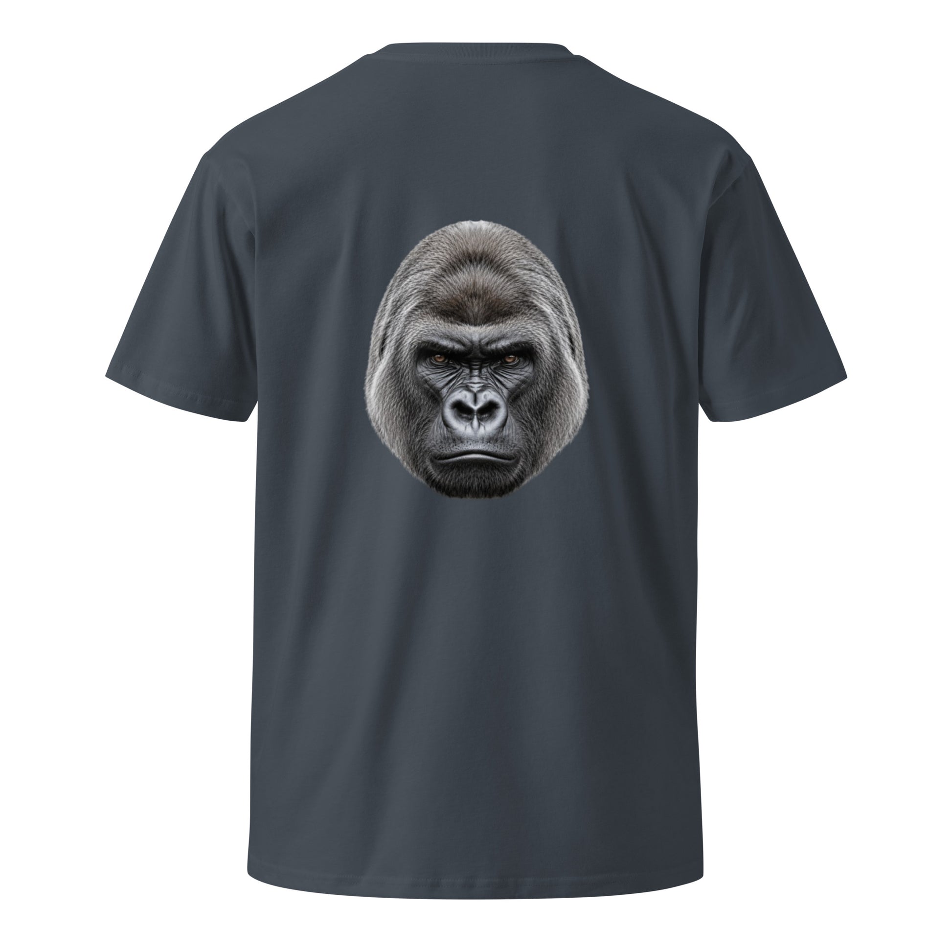 Unisex premium petrol blue T-shirt with Silverback graphic on the back, stylish and comfortable unisex T-shirt by wayward.biz