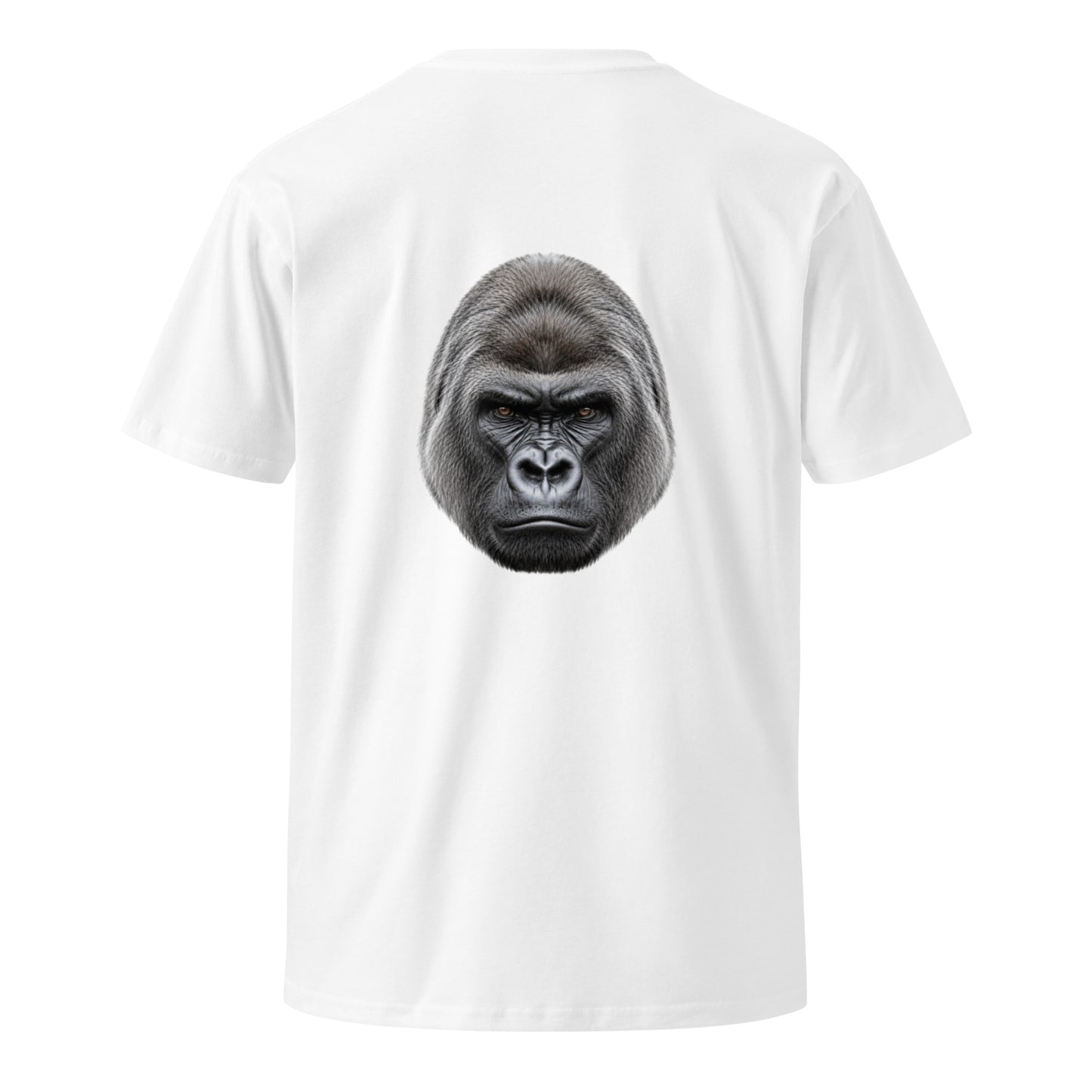 White unisex Silverback premium T-shirt with graphic on the back, stylish and comfortable casual wear by wayward.biz.
