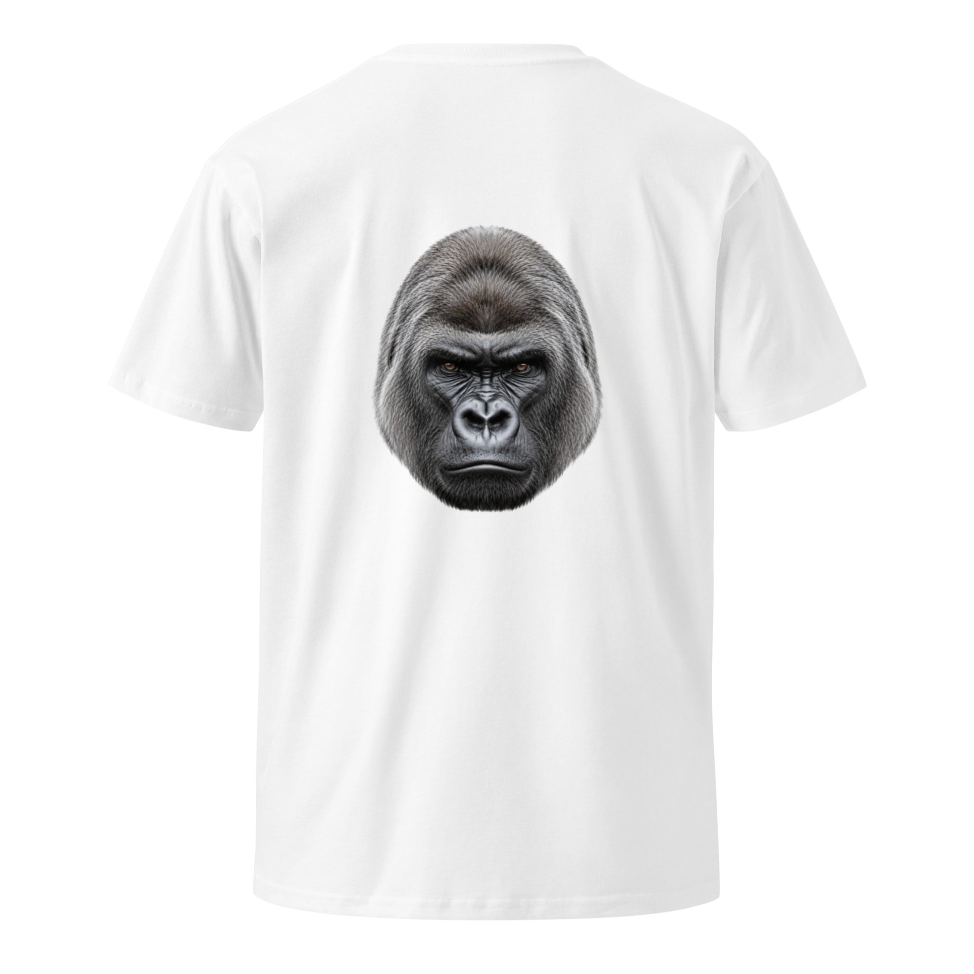 White unisex Silverback premium T-shirt with graphic on the back, stylish and comfortable casual wear by wayward.biz.