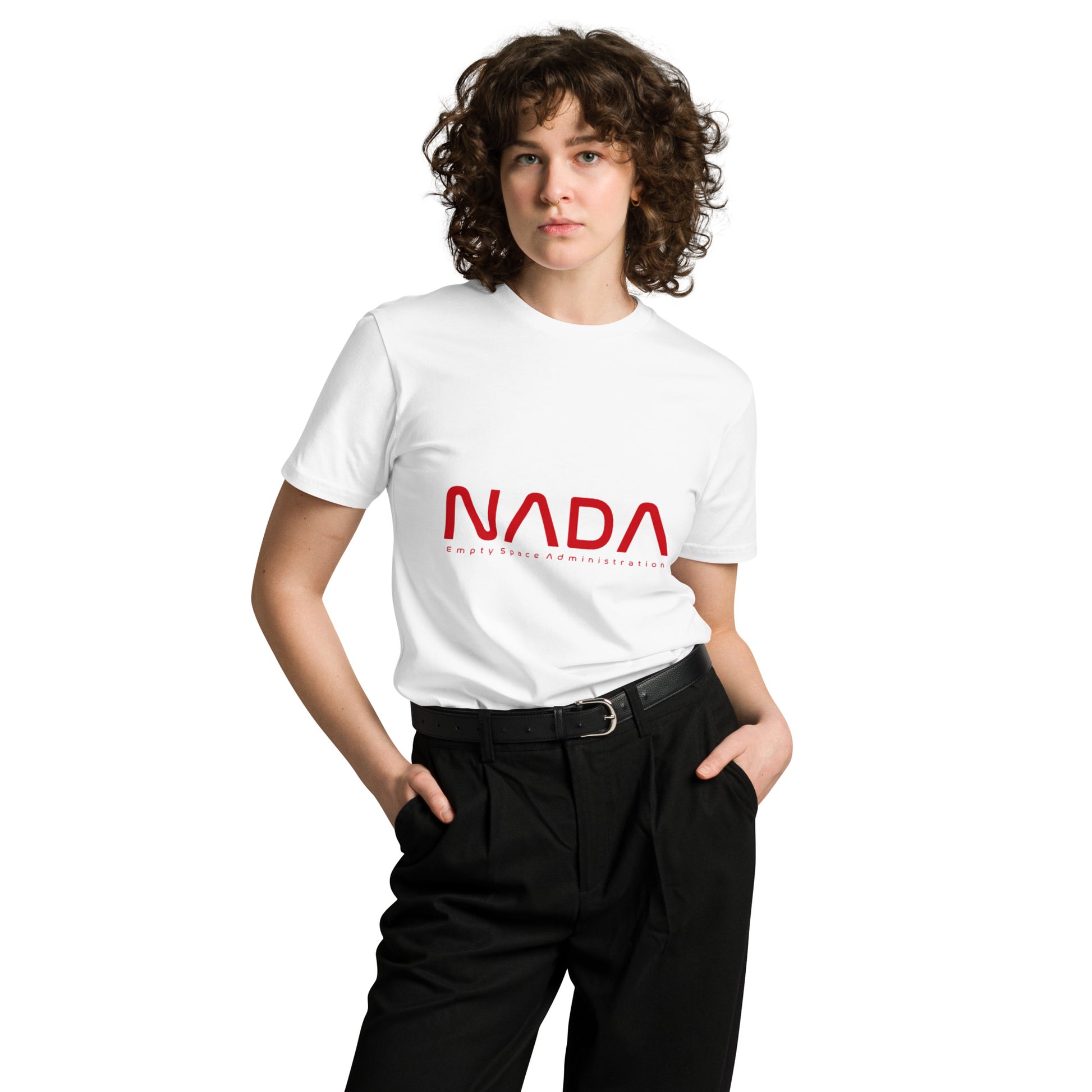 Unisex white premium T-shirt from NADA Empty Space Administration by wayward.biz, front view showing sleek design.
