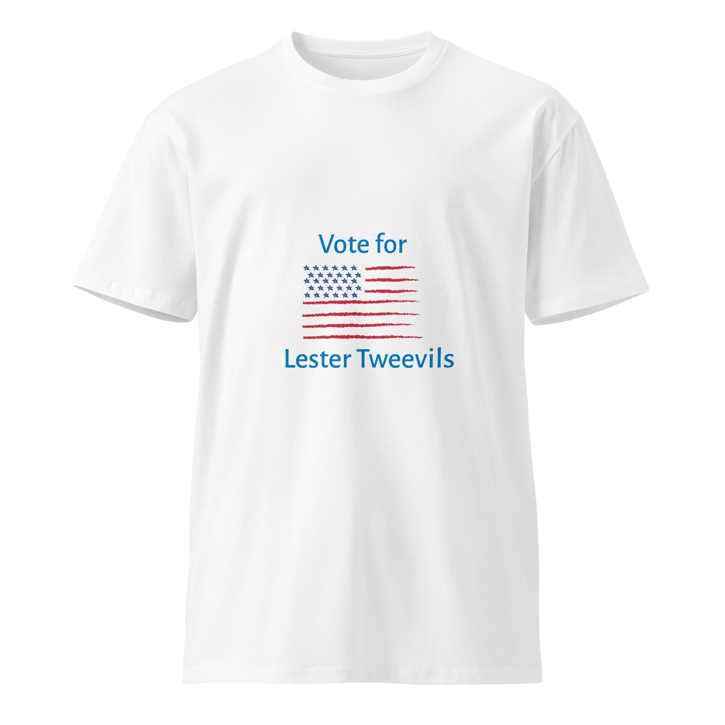White unisex premium T-shirt from Wayward.biz featuring a "Vote for Lester Tweevils" graphic on the front.