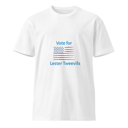 White unisex premium T-shirt from Wayward.biz featuring a "Vote for Lester Tweevils" graphic on the front.
