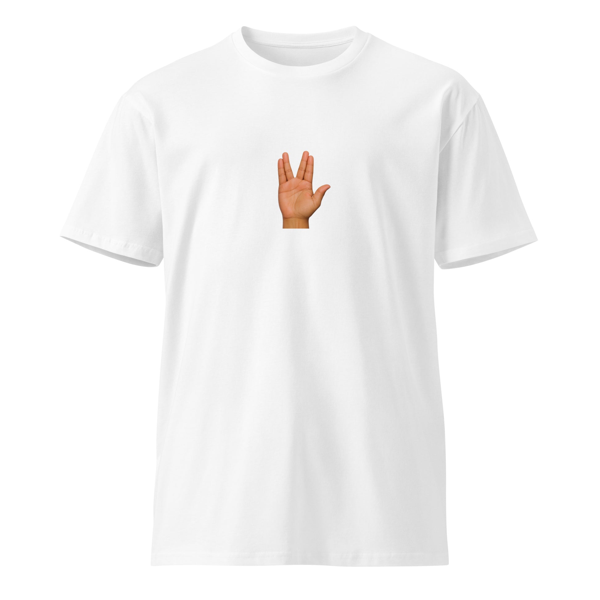 White unisex premium T-shirt featuring the "Live Long and Prosper" design, made by wayward.biz.