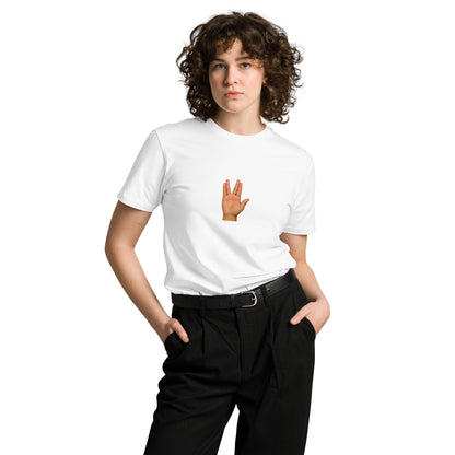 White unisex premium T-shirt featuring the "Live Long and Prosper" design from wayward.biz, front view.