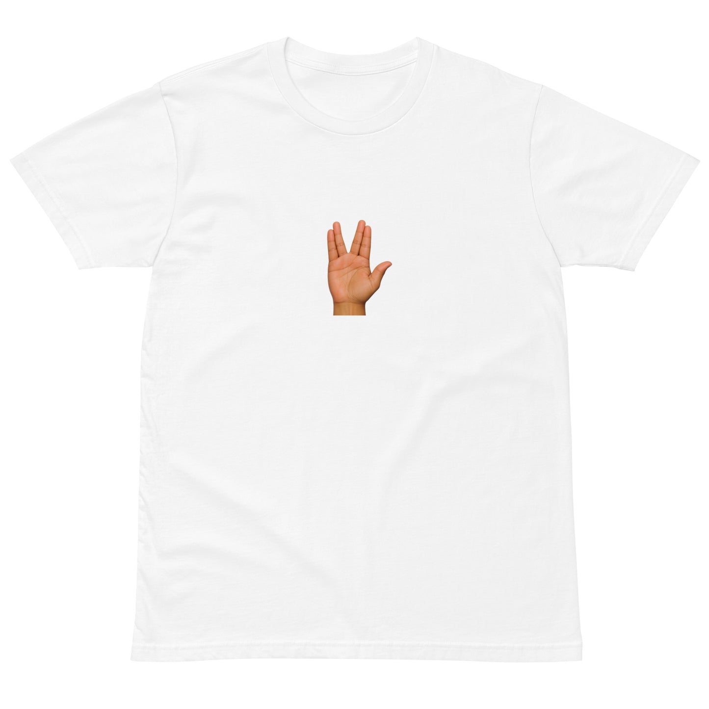 White unisex premium T-shirt featuring a "Live Long and Prosper" graphic, by wayward.biz, front view.