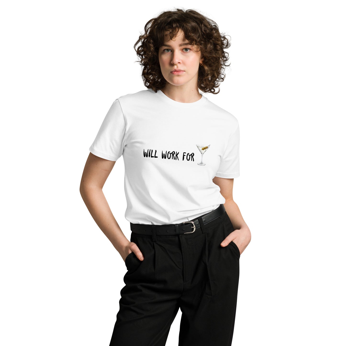 Unisex white premium T-shirt featuring a sleek design, perfect for martini enthusiasts, by Wayward.biz.