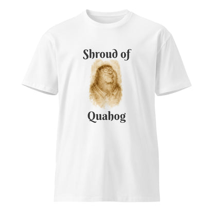 White unisex premium T-shirt featuring the Shroud of Quahog design by wayward.biz, shown from the front.