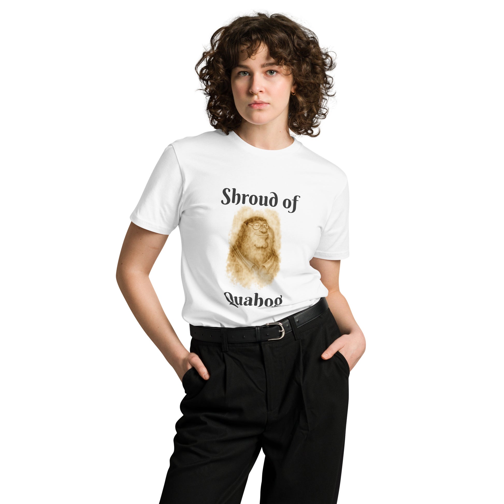 White unisex premium t-shirt featuring the Shroud of Quahog design, made by wayward.biz, shown from the front view.