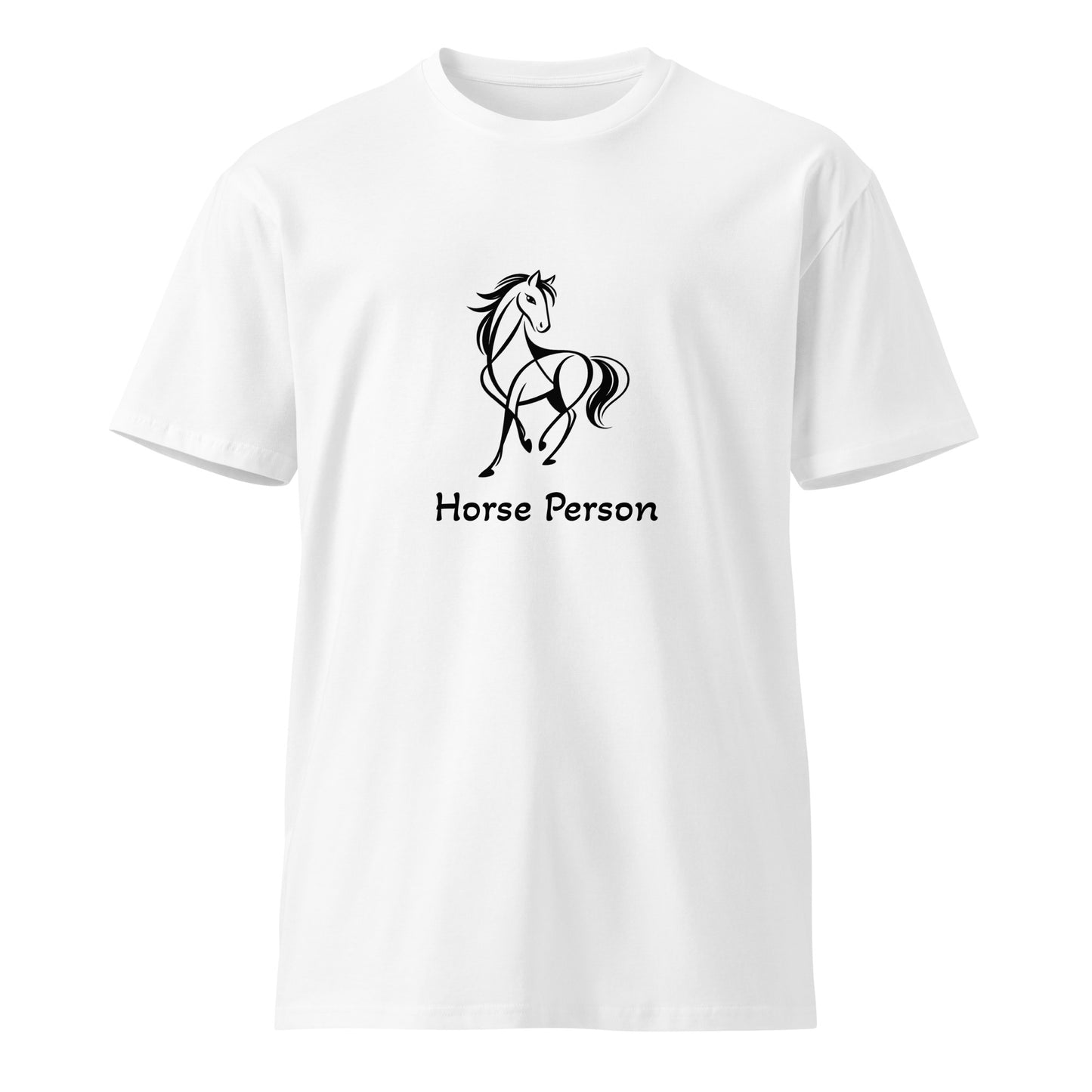 White unisex premium T-shirt featuring a horse person graphic, made by wayward.biz, shown from the front.
