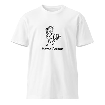White unisex premium T-shirt featuring a horse person graphic, made by wayward.biz, shown from the front.