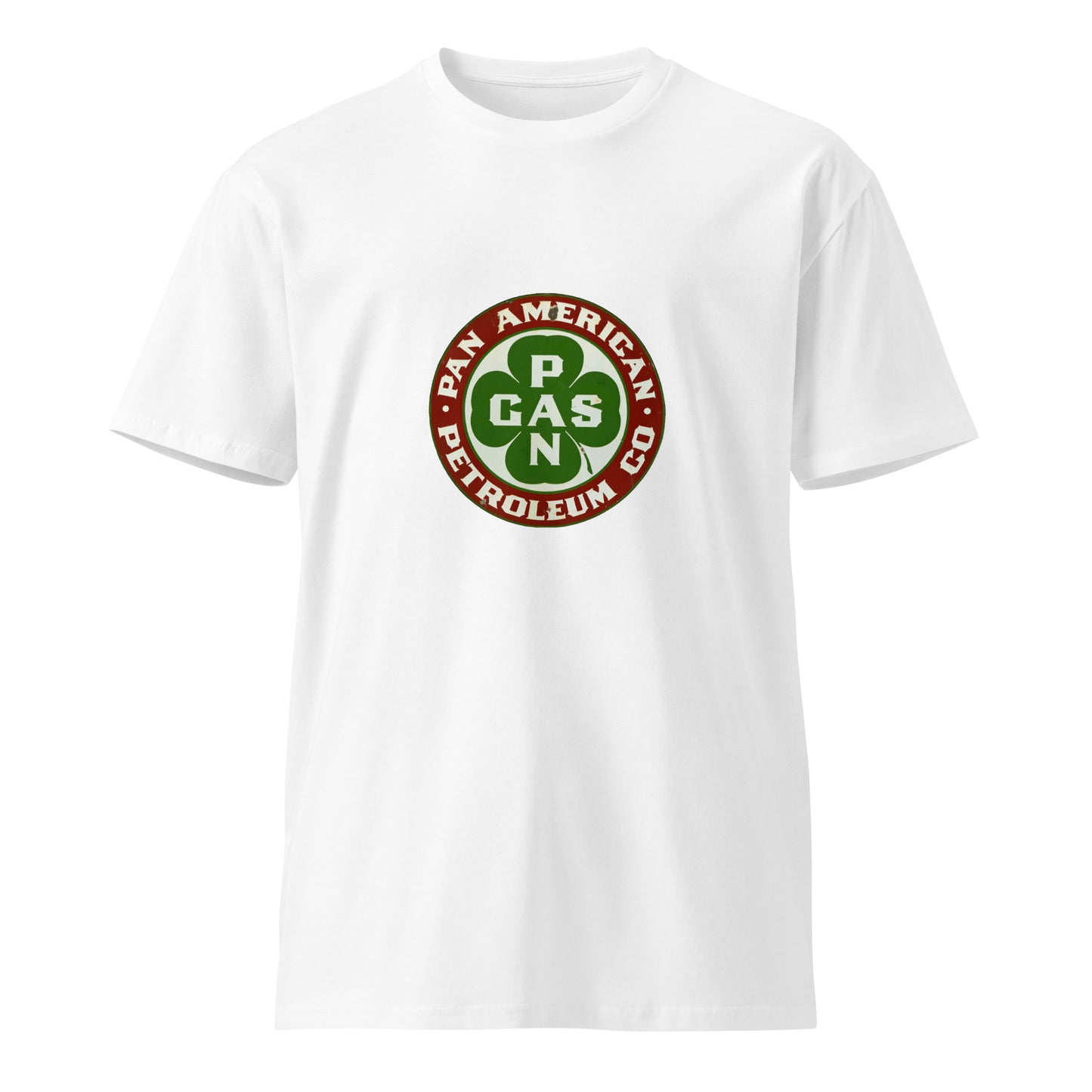 Unisex white premium T-shirt by Pan American Gas Co. featuring a simple front design, made by wayward.biz.