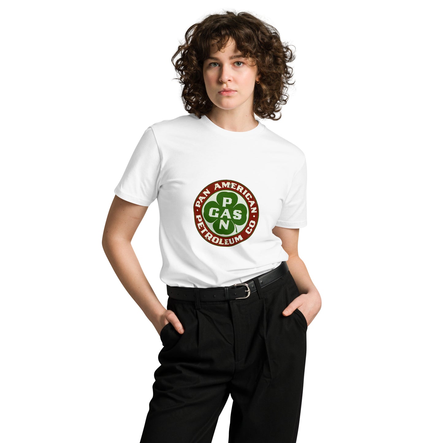 White unisex premium T-shirt from Pan American Gas Co. featuring a front design, made by wayward.biz.