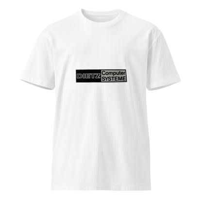 Wayward.biz Dietz Computer Systeme unisex white premium T-shirt with front design, casual fit, and comfortable fabric.