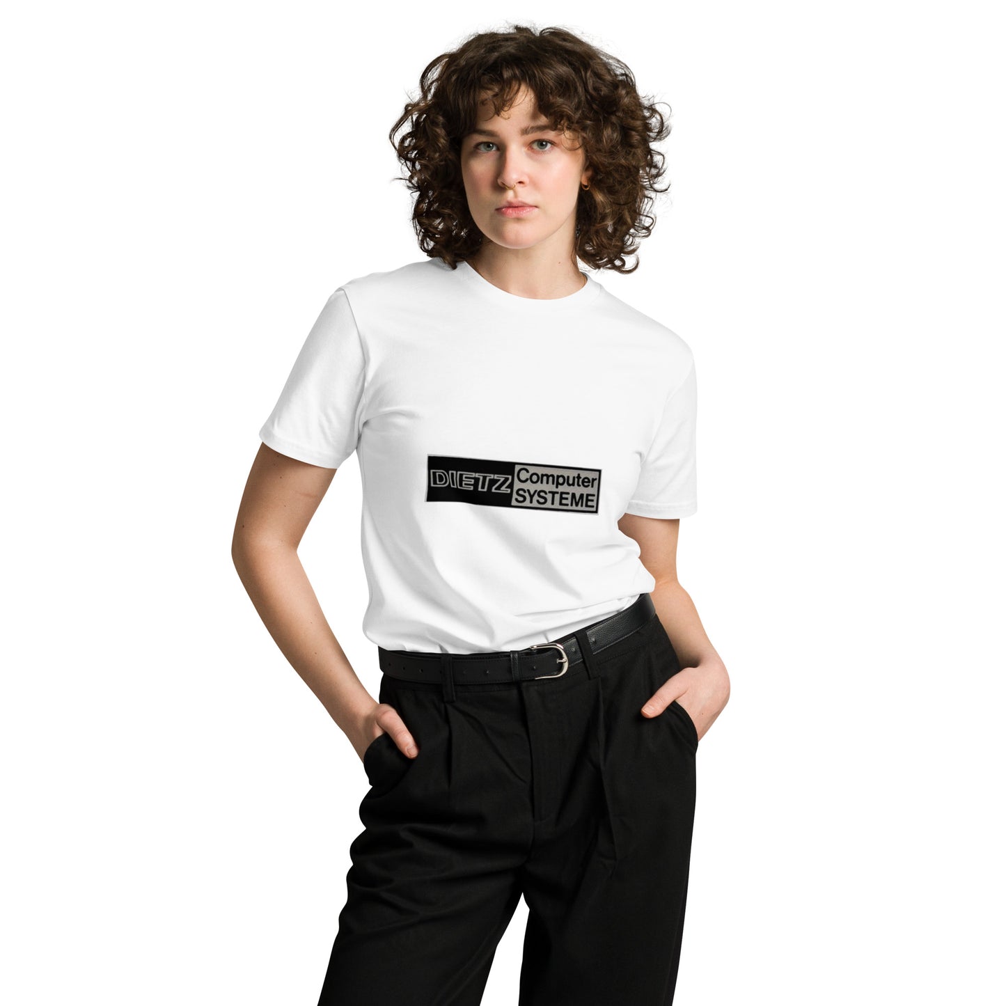 Unisex white premium T-shirt by Dietz Computer Systeme featuring a comfortable fit and simple design, front view.
