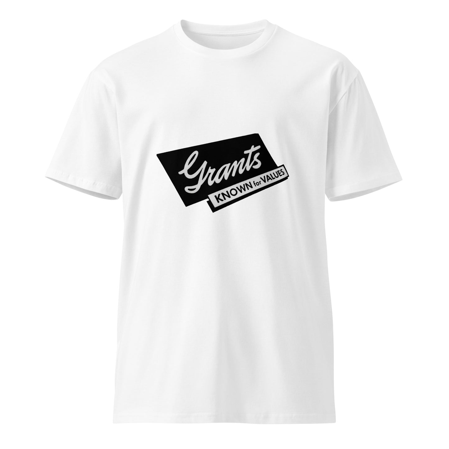 White unisex premium T-shirt from W.T. Grant by wayward.biz, front view showing classic fit and smooth fabric.