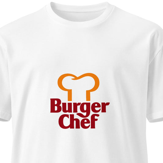 White Burger Chef unisex premium T-shirt by wayward.biz, front view showing classic design and comfortable fit.
