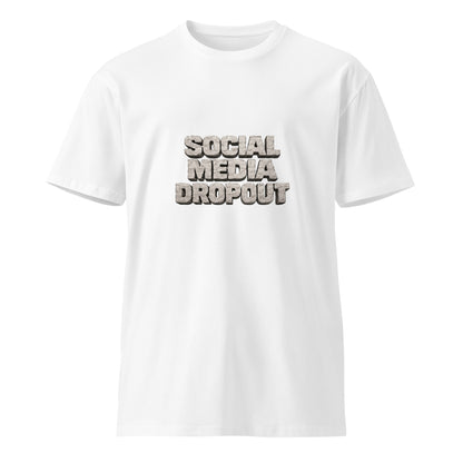 Unisex white premium T-shirt from wayward.biz featuring social media dropout graphic on the front.