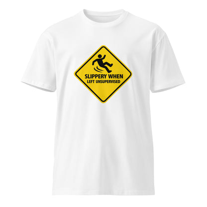 Unisex white premium T-shirt with "Slippery When Left Unsupervised" graphic from wayward.biz, front view.