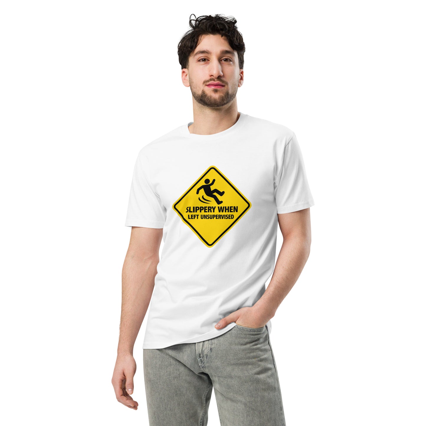 Unisex white premium T-shirt with "Slippery When Left Unsupervised" printed on the front, from wayward.biz.