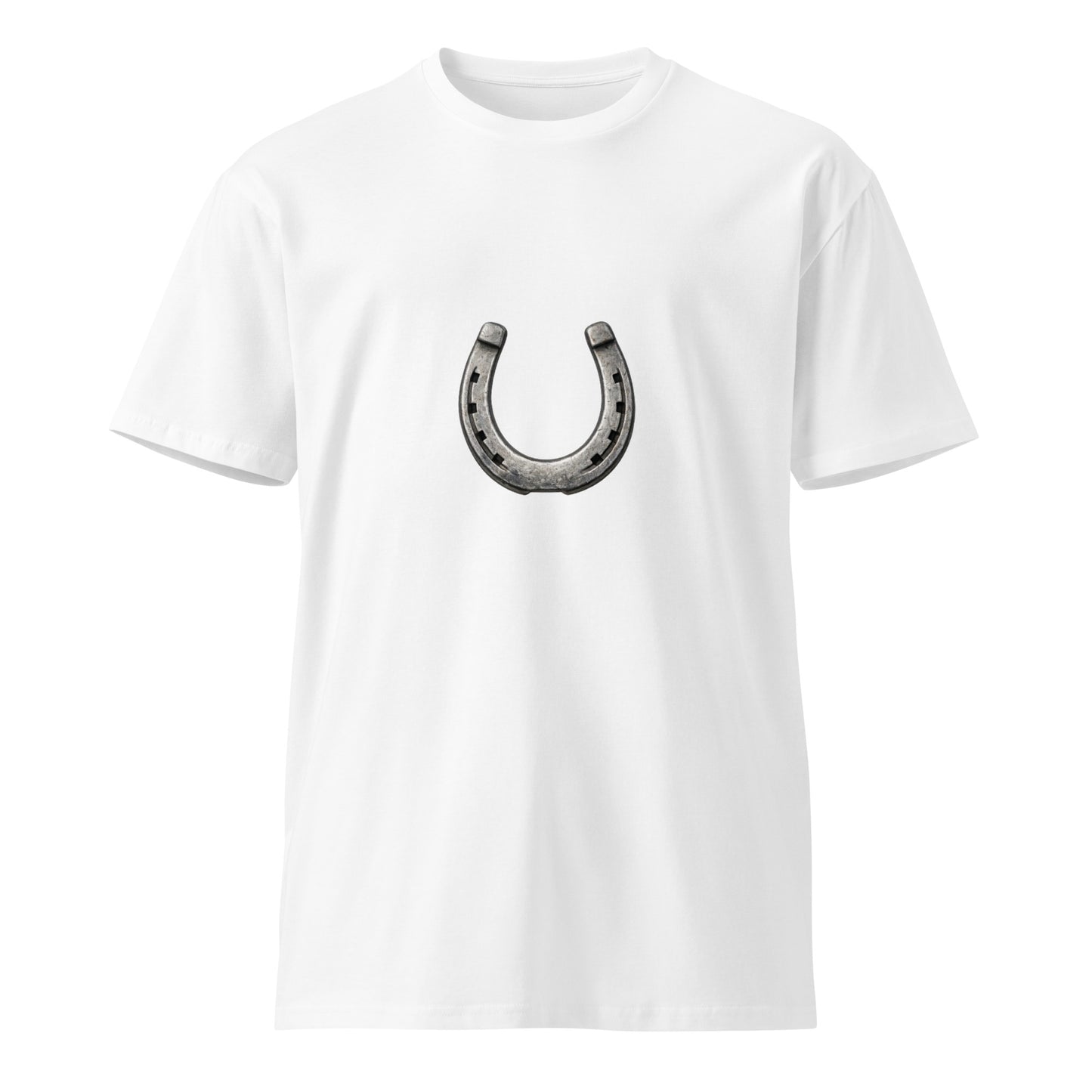 Unisex white premium T-shirt with horseshoe graphic, made by wayward.biz, displayed from the front view.