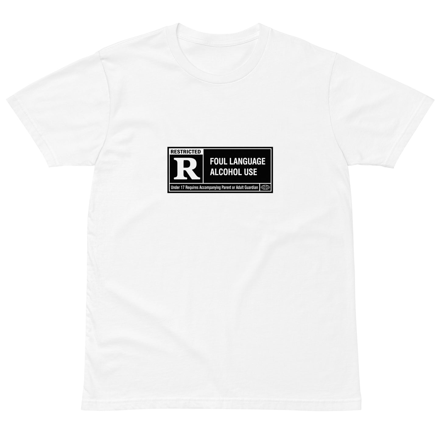 Unisex white premium T-shirt with Rated R design featuring foul language and alcohol use graphics by wayward.biz.
