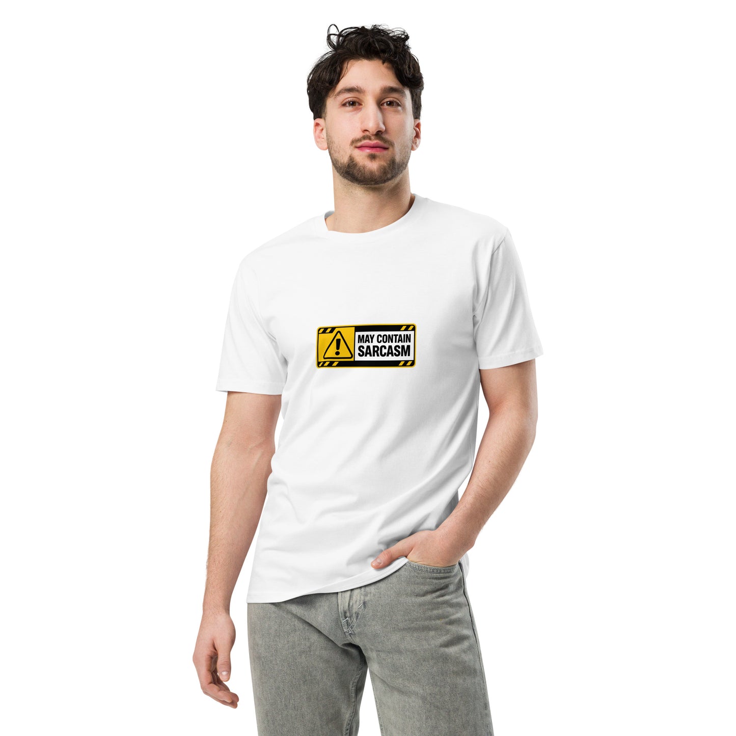 Unisex white premium T-shirt with "May Contain Sarcasm" printed on front, casual fashion by wayward.biz.
