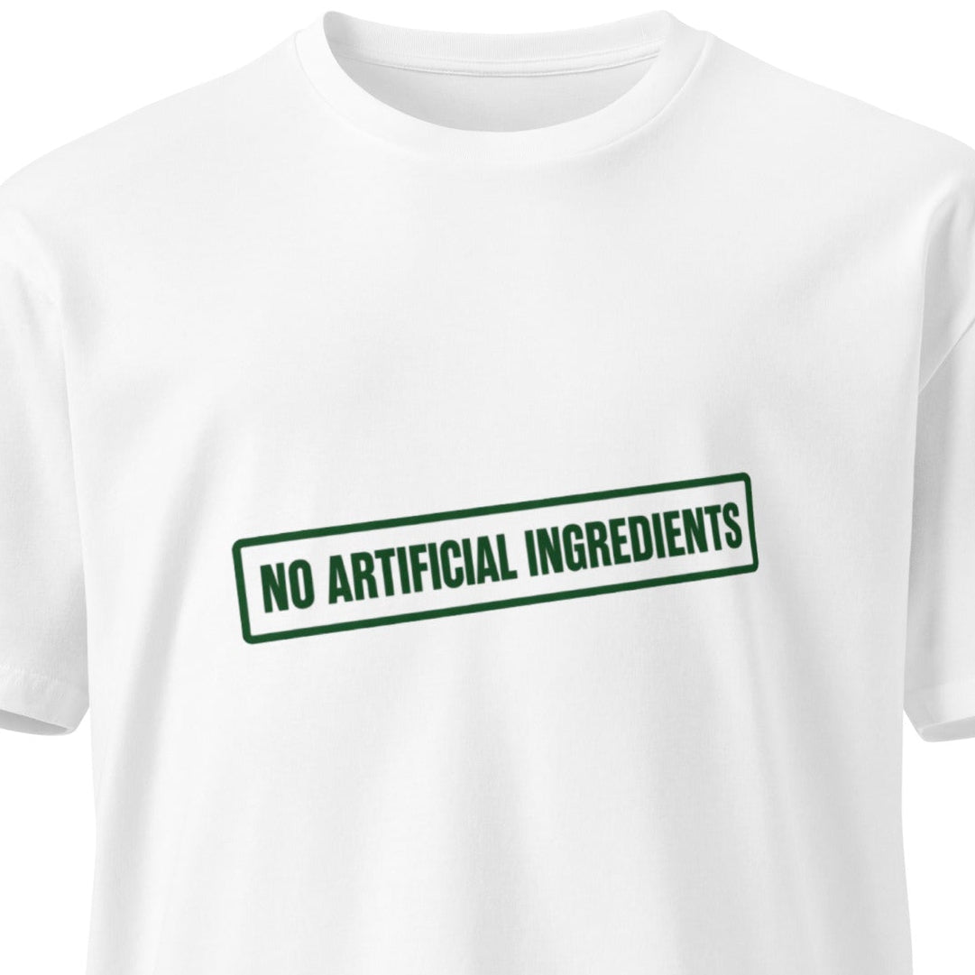 Unisex white premium T-shirt from wayward.biz with a front view, showcasing a clean, classic design without artificial ingredients.