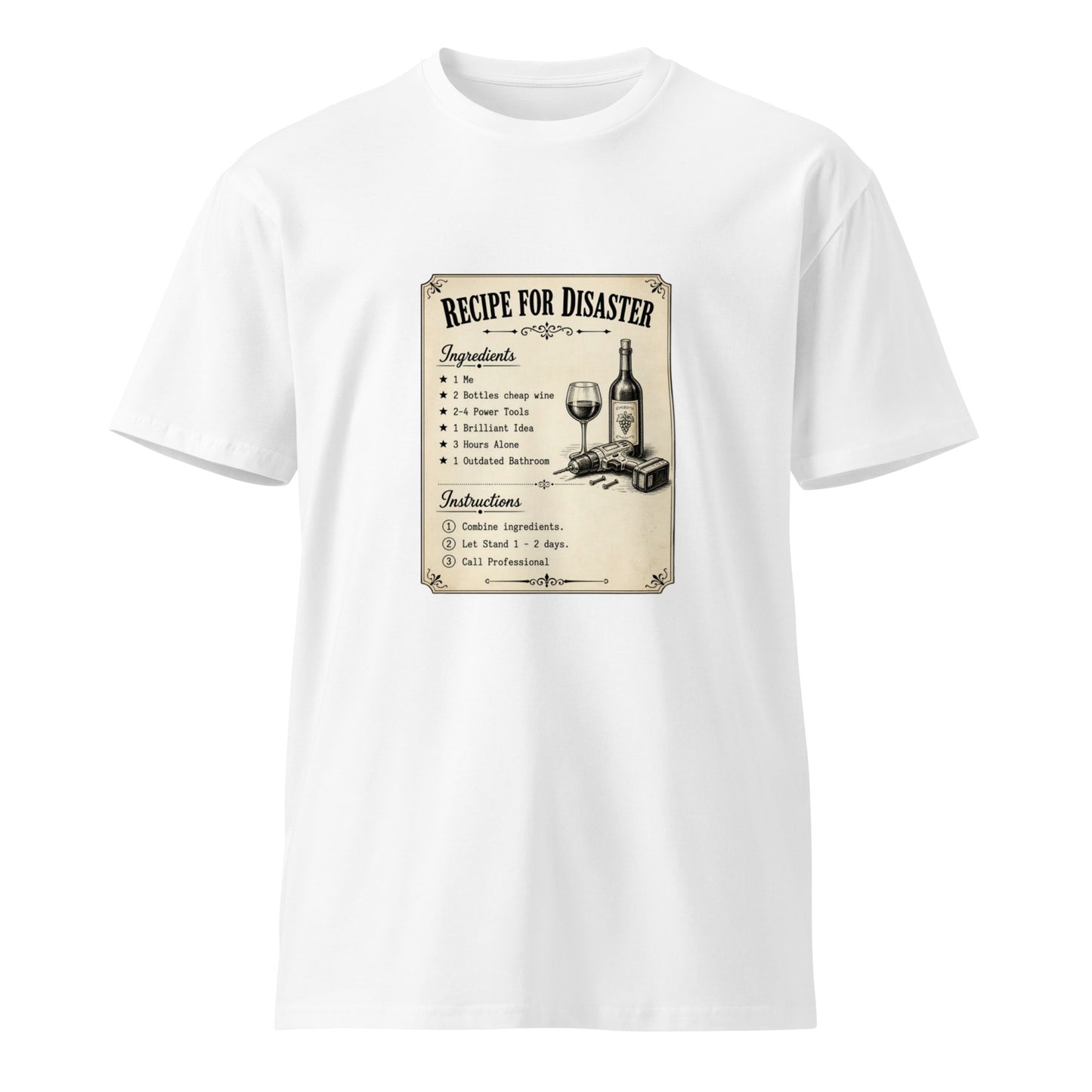 White unisex premium T-shirt featuring the "Recipe for Disaster" design from wayward.biz, shown from the front.