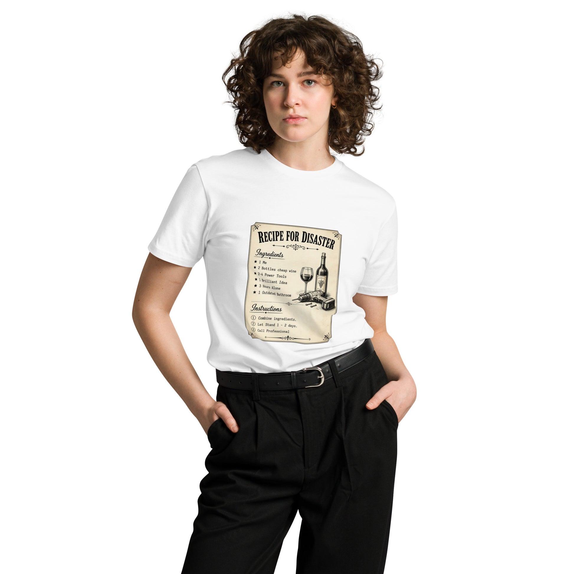 White unisex premium T-shirt with "Recipe for Disaster" design, from Wayward.biz, front view showing the graphic and fit.